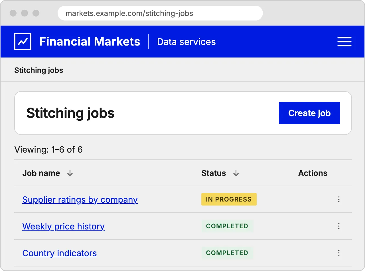 A list of stitching jobs in a browser window, with several sources, each with its status and last run.