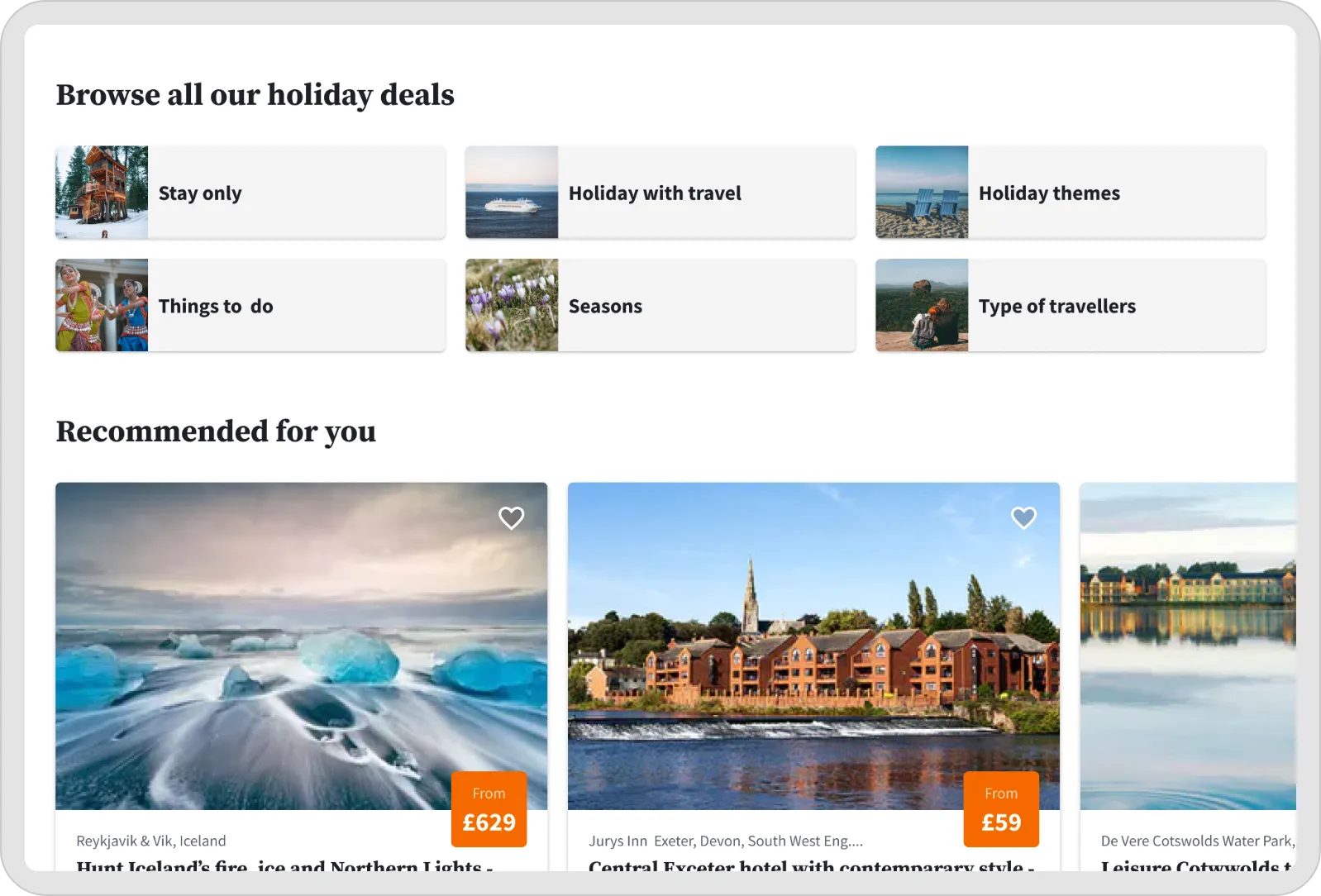 The redesigned travel app home screen on a tablet in landscape, with ways to browse holiday deals.